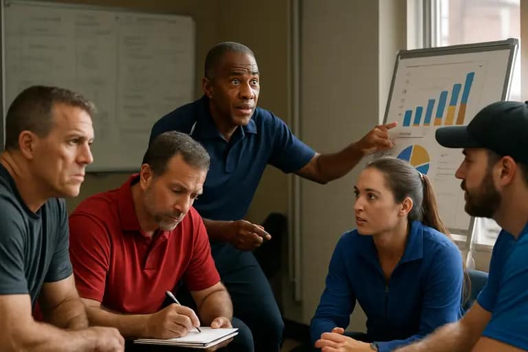 Community sports leaders comparing participation policies at a table