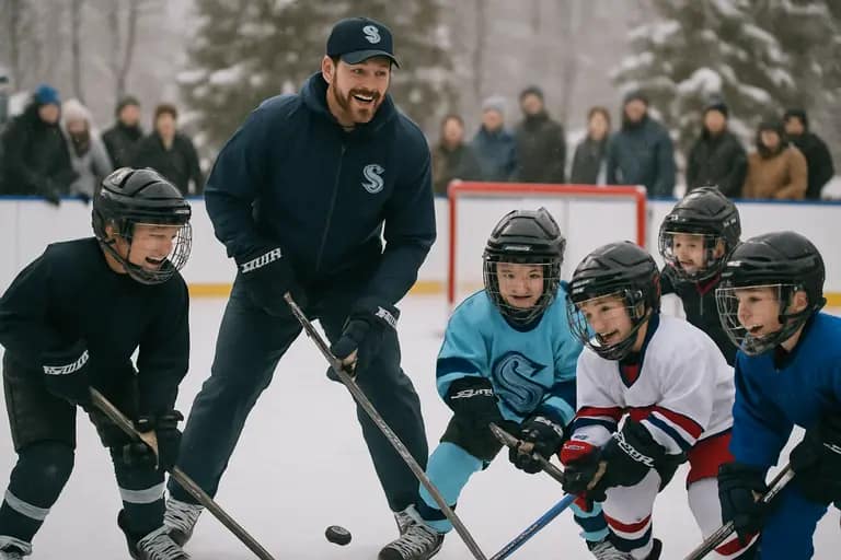Community hockey volunteers planning player support roles at a rink table