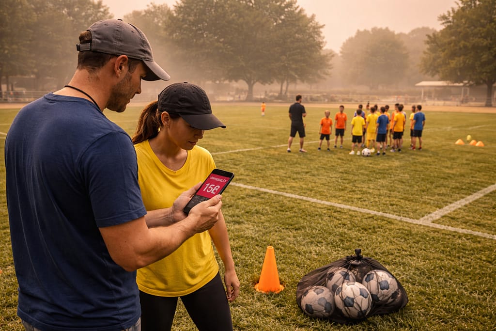 Youth soccer field under hazy skies with coaches checking an air quality app before practice