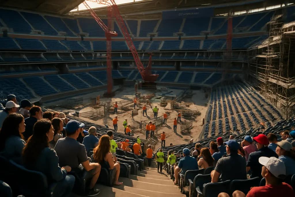 Arthur Ashe Stadium seating bowl with spectators moving through upgraded concourse areas