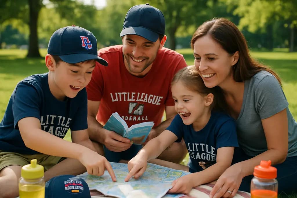 Family using LLWS travel planning notes near a baseball complex walkway