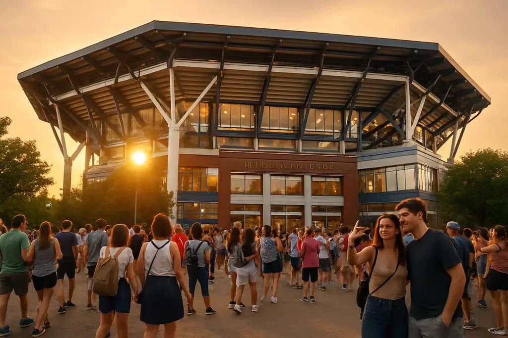 Arthur Ashe Stadium Transformation view with fans moving through expanded concourse areas