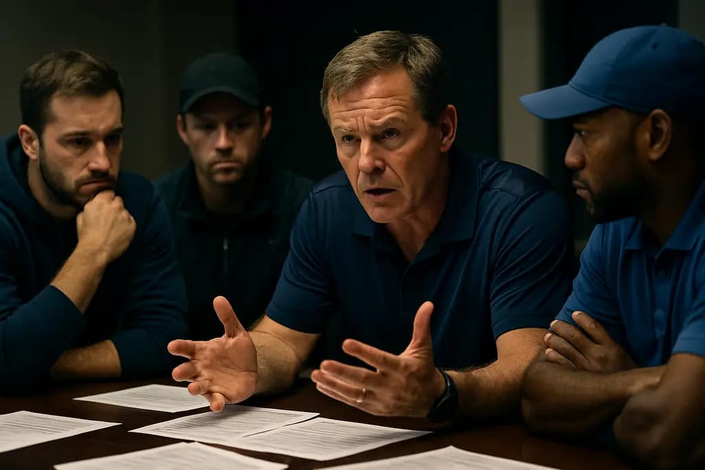 LSU eligibility dispute review with college football roster documents on a conference table