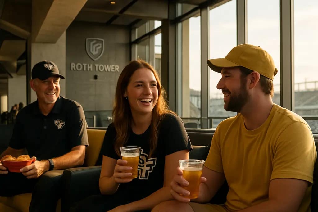 UCF Roth Tower renovation with shaded seating and fans entering the stadium