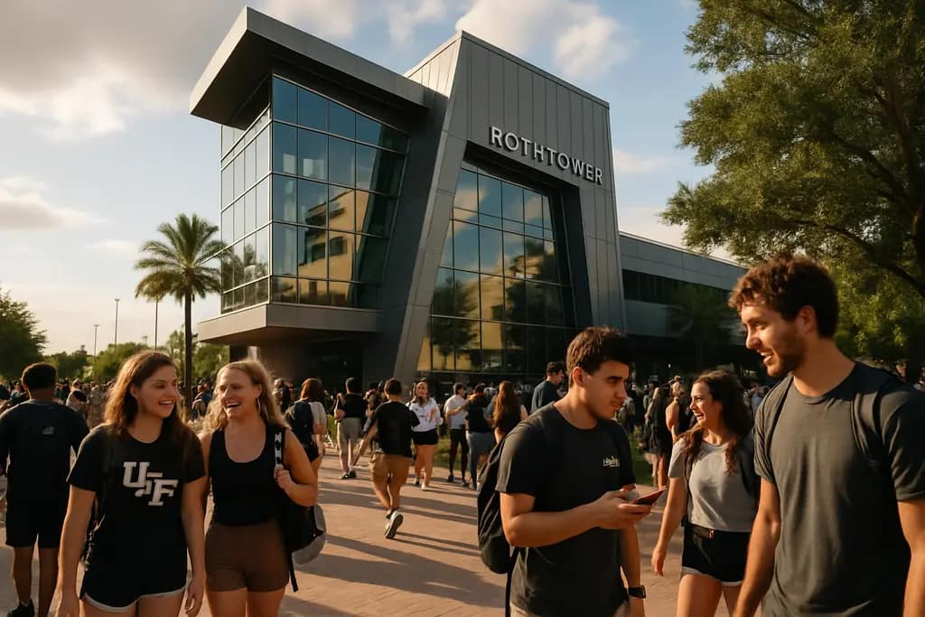 UCF Travel Planning scene outside Acrisure Bounce House with fans walking near shaded stadium gates