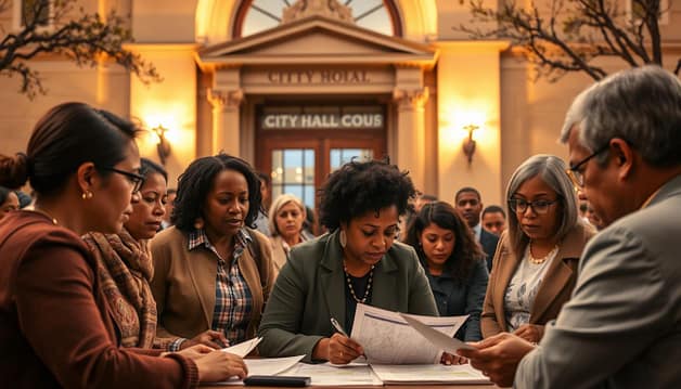 A bustling city hall, its façade bathed in warm, golden light, stands as the backdrop. In the foreground, a group of community advocates engaged in animated discussion, their expressions determined and resolute. They huddle around a table, poring over documents and maps, strategizing ways to enact policy changes that will benefit their local neighborhood. The middle ground features city council members, their faces etched with contemplation, as they listen intently to the advocates' proposals. The scene is infused with a sense of urgency and collaboration, capturing the essence of grassroots advocacy in action, poised to drive meaningful change within the local government. A bustling city hall, its façade bathed in warm, golden light, stands as the backdrop. In the foreground, a group of community advocates engaged in animated discussion, their expressions determined and resolute. They huddle around a table, poring over documents and maps, strategizing ways to enact policy changes that will benefit their local neighborhood. The middle ground features city council members, their faces etched with contemplation, as they listen intently to the advocates' proposals. The scene is infused with a sense of urgency and collaboration, capturing the essence of grassroots advocacy in action, poised to drive meaningful change within the local government.