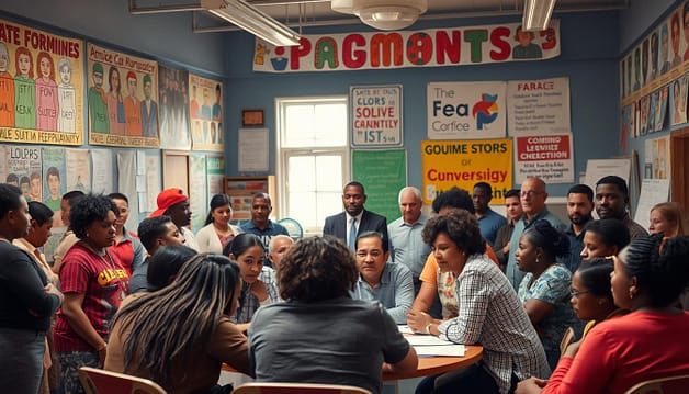 A bustling community center, its walls adorned with vibrant murals and banners showcasing diverse community groups. In the foreground, a group of people from various backgrounds huddle around a table, their expressions engaged as they discuss plans and strategies. Behind them, state officials and local advocates stand side by side, collaborating to build a coalition that amplifies the voices of the community. Soft, warm lighting filters through the windows, casting a sense of unity and progress. The scene is captured with a wide-angle lens, emphasizing the collaborative nature of the partnership and the shared commitment to advocacy. A bustling community center, its walls adorned with vibrant murals and banners showcasing diverse community groups. In the foreground, a group of people from various backgrounds huddle around a table, their expressions engaged as they discuss plans and strategies. Behind them, state officials and local advocates stand side by side, collaborating to build a coalition that amplifies the voices of the community. Soft, warm lighting filters through the windows, casting a sense of unity and progress. The scene is captured with a wide-angle lens, emphasizing the collaborative nature of the partnership and the shared commitment to advocacy.