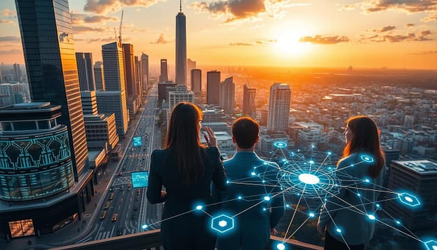 A dynamic cityscape with modern skyscrapers and bustling streets, bathed in warm, golden light from the setting sun. In the foreground, a team of professionals engaged in a lively discussion, gesticulating and reviewing data on various digital screens and holographic displays. The middle ground showcases a network of interconnected data streams and financial flows, visualized as glowing lines and geometric shapes. In the background, a panoramic view of the urban landscape, conveying a sense of scale, progress, and the leveraging of resources to drive community development. A dynamic cityscape with modern skyscrapers and bustling streets, bathed in warm, golden light from the setting sun. In the foreground, a team of professionals engaged in a lively discussion, gesticulating and reviewing data on various digital screens and holographic displays. The middle ground showcases a network of interconnected data streams and financial flows, visualized as glowing lines and geometric shapes. In the background, a panoramic view of the urban landscape, conveying a sense of scale, progress, and the leveraging of resources to drive community development.