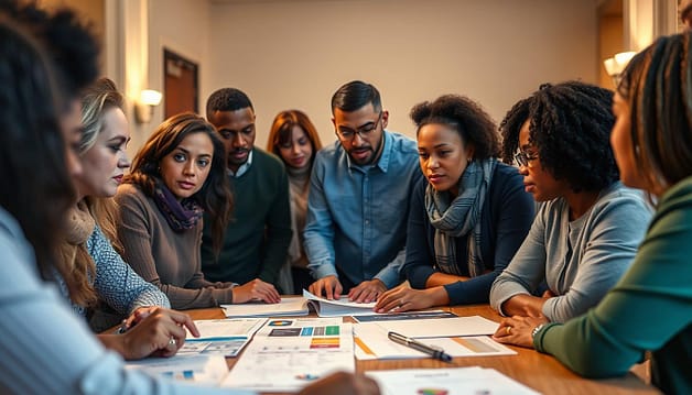 A group of diverse individuals gathered around a table, engaged in a lively discussion. In the foreground, their faces are lit by a warm, focused light, conveying a sense of intensity and purpose. The middle ground features a variety of research materials, including charts, graphs, and documents, suggesting a collaborative effort to understand the complexities of advocacy strategies. The background is slightly blurred, hinting at a larger context, perhaps a community setting or a government building, where these discussions take place. The overall atmosphere is one of thoughtful deliberation, with an undercurrent of determination to drive positive change. A group of diverse individuals gathered around a table, engaged in a lively discussion. In the foreground, their faces are lit by a warm, focused light, conveying a sense of intensity and purpose. The middle ground features a variety of research materials, including charts, graphs, and documents, suggesting a collaborative effort to understand the complexities of advocacy strategies. The background is slightly blurred, hinting at a larger context, perhaps a community setting or a government building, where these discussions take place. The overall atmosphere is one of thoughtful deliberation, with an undercurrent of determination to drive positive change.