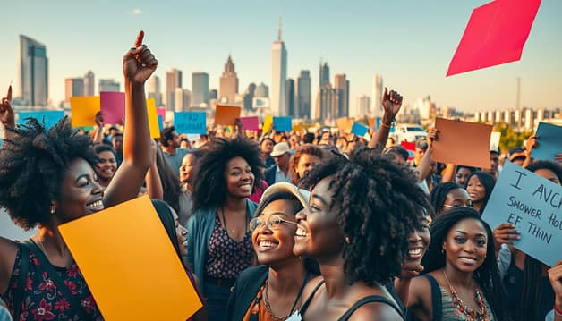 A lively gathering of diverse community members, animated in their advocacy efforts. In the foreground, a group of passionate individuals raising colorful banners and signs, their faces alight with determination. In the middle ground, a tapestry of people from all walks of life, joining their voices in a chorus of collective empowerment. The background depicts a vibrant urban landscape, with skyscrapers and bustling streets, symbolizing the far-reaching impact of their advocacy. Warm lighting casts a hopeful glow, and the composition captures a sense of unity, resilience, and the triumph of grassroots storytelling. A lively gathering of diverse community members, animated in their advocacy efforts. In the foreground, a group of passionate individuals raising colorful banners and signs, their faces alight with determination. In the middle ground, a tapestry of people from all walks of life, joining their voices in a chorus of collective empowerment. The background depicts a vibrant urban landscape, with skyscrapers and bustling streets, symbolizing the far-reaching impact of their advocacy. Warm lighting casts a hopeful glow, and the composition captures a sense of unity, resilience, and the triumph of grassroots storytelling.