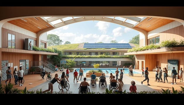 A modern, inclusive sports facility nestled in a lush, sustainable landscape. In the foreground, a diverse group of people of all ages and abilities engage in various athletic activities - wheelchair basketball, rock climbing, swimming. The facility features accessible design elements like ramps, wide doorways, and adaptive equipment. The middle ground showcases a central atrium with natural lighting, potted plants, and seating areas. In the background, a green roof and solar panels blend the building seamlessly into the surrounding environment, reflecting a commitment to climate action. The scene exudes a sense of community, inclusivity, and environmental consciousness. A modern, inclusive sports facility nestled in a lush, sustainable landscape. In the foreground, a diverse group of people of all ages and abilities engage in various athletic activities - wheelchair basketball, rock climbing, swimming. The facility features accessible design elements like ramps, wide doorways, and adaptive equipment. The middle ground showcases a central atrium with natural lighting, potted plants, and seating areas. In the background, a green roof and solar panels blend the building seamlessly into the surrounding environment, reflecting a commitment to climate action. The scene exudes a sense of community, inclusivity, and environmental consciousness.