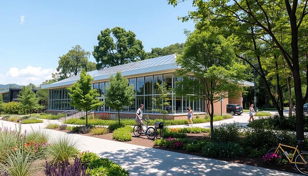A sustainable recreation facility nestled amidst lush greenery, its modern architecture seamlessly blending with the natural surroundings. The building features expansive windows, allowing natural light to flood the interiors, reducing the need for artificial lighting. Solar panels adorn the rooftop, harnessing renewable energy to power the facility. Permeable surfaces and strategically placed vegetation help manage stormwater runoff, promoting water conservation. Bicycles and electric vehicles find ample parking, encouraging eco-friendly transportation. The facility's design incorporates energy-efficient systems, waste management solutions, and sustainable materials, showcasing a commitment to environmental responsibility. Wide, accessible pathways invite visitors to explore the grounds, surrounded by vibrant flora and fauna, creating a serene and rejuvenating atmosphere. A sustainable recreation facility nestled amidst lush greenery, its modern architecture seamlessly blending with the natural surroundings. The building features expansive windows, allowing natural light to flood the interiors, reducing the need for artificial lighting. Solar panels adorn the rooftop, harnessing renewable energy to power the facility. Permeable surfaces and strategically placed vegetation help manage stormwater runoff, promoting water conservation. Bicycles and electric vehicles find ample parking, encouraging eco-friendly transportation. The facility's design incorporates energy-efficient systems, waste management solutions, and sustainable materials, showcasing a commitment to environmental responsibility. Wide, accessible pathways invite visitors to explore the grounds, surrounded by vibrant flora and fauna, creating a serene and rejuvenating atmosphere.