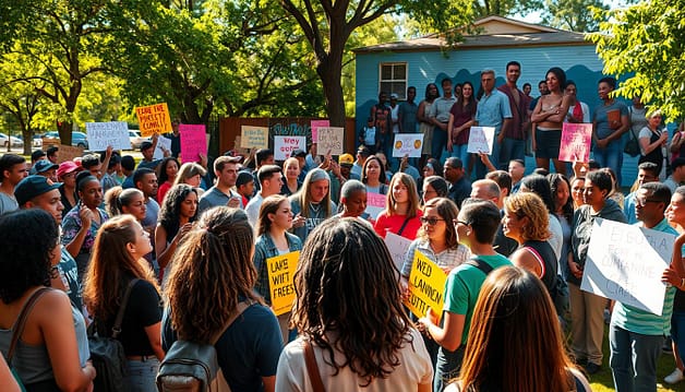 A vibrant community gathering in a sun-dappled park, people of diverse backgrounds standing together, holding signs and banners proclaiming their shared vision. In the foreground, a group of young organizers, their faces alight with determination, leading chants that echo across the lush greenery. In the middle ground, seasoned activists share stories with newcomers, passing on hard-won lessons. In the background, a mural depicting past victories adorns the wall of a community center, inspiring the crowd. The scene is bathed in warm, golden light, conveying a sense of unity, progress, and the power of grassroots advocacy. A vibrant community gathering in a sun-dappled park, people of diverse backgrounds standing together, holding signs and banners proclaiming their shared vision. In the foreground, a group of young organizers, their faces alight with determination, leading chants that echo across the lush greenery. In the middle ground, seasoned activists share stories with newcomers, passing on hard-won lessons. In the background, a mural depicting past victories adorns the wall of a community center, inspiring the crowd. The scene is bathed in warm, golden light, conveying a sense of unity, progress, and the power of grassroots advocacy.