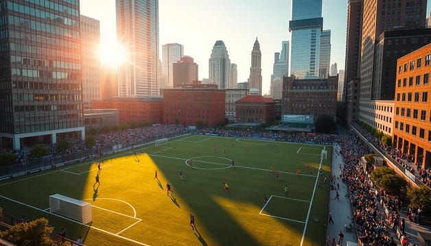 An expansive urban landscape with soccer fields nestled between towering skyscrapers. The fields are alive with dynamic gameplay, as athletes in brightly colored uniforms dart across the well-manicured turf. Warm afternoon sunlight filters through the surrounding buildings, casting long shadows and creating a sense of energy and movement. The architecture features a mix of modern glass and steel structures alongside older brick buildings, reflecting the diverse history and evolution of the community. Spectators line the sidelines, cheering passionately as the game unfolds. An inspiring example of how grassroots efforts can transform underutilized urban spaces into vibrant hubs of athletic and social activity. An expansive urban landscape with soccer fields nestled between towering skyscrapers. The fields are alive with dynamic gameplay, as athletes in brightly colored uniforms dart across the well-manicured turf. Warm afternoon sunlight filters through the surrounding buildings, casting long shadows and creating a sense of energy and movement. The architecture features a mix of modern glass and steel structures alongside older brick buildings, reflecting the diverse history and evolution of the community. Spectators line the sidelines, cheering passionately as the game unfolds. An inspiring example of how grassroots efforts can transform underutilized urban spaces into vibrant hubs of athletic and social activity.
