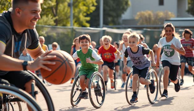 A diverse group of athletes with physical and intellectual disabilities enthusiastically participating in a local sports event. In the foreground, a wheelchair-bound athlete dribbles a basketball down the court, their determined expression captured in a tight close-up. In the middle ground, a young athlete with Down syndrome sprints across the finish line, cheered on by a crowd of supportive spectators. In the background, a team of visually impaired players engage in a friendly game of goalball, their coordinated movements highlighted by warm, natural lighting. The scene exudes a sense of community, inclusion, and the joy of sport, showcasing the positive shifts towards greater equity and accessibility in the world of athletics. A diverse group of athletes with physical and intellectual disabilities enthusiastically participating in a local sports event. In the foreground, a wheelchair-bound athlete dribbles a basketball down the court, their determined expression captured in a tight close-up. In the middle ground, a young athlete with Down syndrome sprints across the finish line, cheered on by a crowd of supportive spectators. In the background, a team of visually impaired players engage in a friendly game of goalball, their coordinated movements highlighted by warm, natural lighting. The scene exudes a sense of community, inclusion, and the joy of sport, showcasing the positive shifts towards greater equity and accessibility in the world of athletics.
