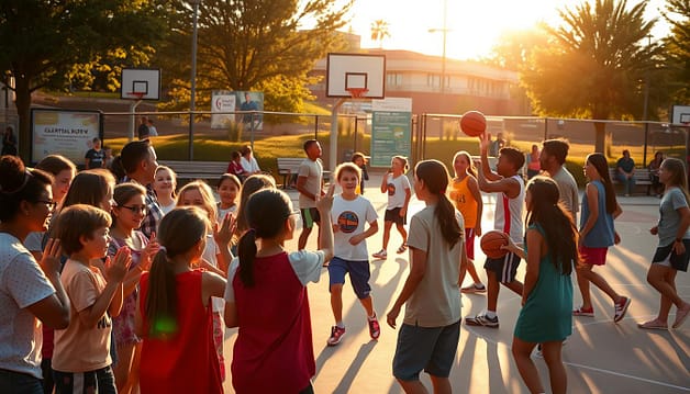 A diverse group of people of all ages and backgrounds engaged in a friendly game of basketball on an outdoor court. The scene is bathed in warm, golden-hour sunlight, casting long shadows and creating a welcoming, community-oriented atmosphere. In the foreground, children and adults cheer and high-five, fostering a spirit of camaraderie and trust. The middle ground features players of varying skill levels passing, dribbling, and shooting the ball, highlighting the inclusive and accessible nature of the activity. The background depicts a vibrant, well-maintained public space, with benches, trees, and signage that convey a sense of community ownership and investment. The overall composition radiates a feeling of unity, cooperation, and shared purpose. A diverse group of people of all ages and backgrounds engaged in a friendly game of basketball on an outdoor court. The scene is bathed in warm, golden-hour sunlight, casting long shadows and creating a welcoming, community-oriented atmosphere. In the foreground, children and adults cheer and high-five, fostering a spirit of camaraderie and trust. The middle ground features players of varying skill levels passing, dribbling, and shooting the ball, highlighting the inclusive and accessible nature of the activity. The background depicts a vibrant, well-maintained public space, with benches, trees, and signage that convey a sense of community ownership and investment. The overall composition radiates a feeling of unity, cooperation, and shared purpose.