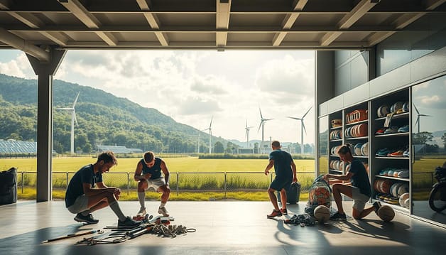 A serene, well-lit scene showcasing the lifecycle of sustainable sports equipment. In the foreground, a group of athletes carefully maintaining and repairing their gear, using eco-friendly tools and techniques. In the middle ground, a storage facility with neatly organized shelves of refurbished and repurposed equipment, ready for the next generation of players. In the background, a verdant landscape with solar panels and wind turbines, hinting at the renewable energy powering this sustainable sports complex. The overall atmosphere conveys a sense of responsibility, innovation, and a deep commitment to environmental stewardship. A serene, well-lit scene showcasing the lifecycle of sustainable sports equipment. In the foreground, a group of athletes carefully maintaining and repairing their gear, using eco-friendly tools and techniques. In the middle ground, a storage facility with neatly organized shelves of refurbished and repurposed equipment, ready for the next generation of players. In the background, a verdant landscape with solar panels and wind turbines, hinting at the renewable energy powering this sustainable sports complex. The overall atmosphere conveys a sense of responsibility, innovation, and a deep commitment to environmental stewardship.