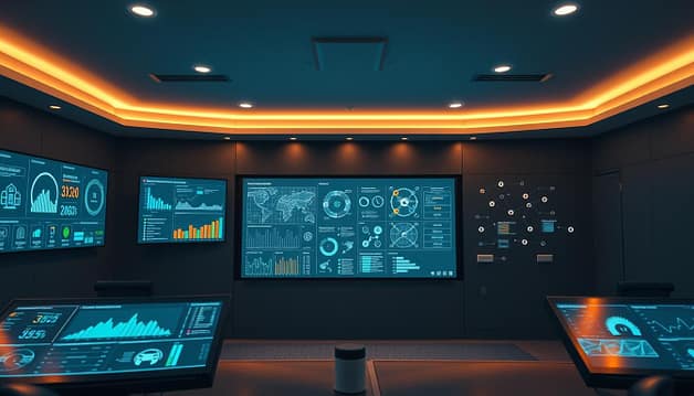 A sleek, modern facility management control room with an array of smart sensors and digital displays. In the foreground, a series of touch panels and holographic interfaces showcase real-time data analytics on energy usage, occupancy levels, and environmental conditions. The middle ground features a large, curved display wall presenting detailed schematics and predictive maintenance reports. In the background, a network of miniature IoT sensors and cameras are discreetly embedded into the walls and ceiling, blending seamlessly with the minimalist, industrial-chic aesthetic. Warm, indirect lighting casts a soft glow, creating a sense of technological sophistication and efficiency. The overall atmosphere conveys a level of intelligent automation and data-driven decision-making that enables proactive facility management. A sleek, modern facility management control room with an array of smart sensors and digital displays. In the foreground, a series of touch panels and holographic interfaces showcase real-time data analytics on energy usage, occupancy levels, and environmental conditions. The middle ground features a large, curved display wall presenting detailed schematics and predictive maintenance reports. In the background, a network of miniature IoT sensors and cameras are discreetly embedded into the walls and ceiling, blending seamlessly with the minimalist, industrial-chic aesthetic. Warm, indirect lighting casts a soft glow, creating a sense of technological sophistication and efficiency. The overall atmosphere conveys a level of intelligent automation and data-driven decision-making that enables proactive facility management.