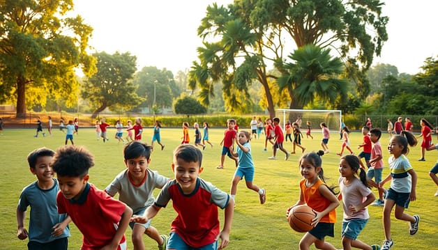 A vibrant afterschool sports field, filled with a diverse group of children engaged in a variety of activities. In the foreground, a group of young boys and girls enthusiastically playing basketball, their faces animated with joy and camaraderie. In the middle ground, a group of children participating in a soccer game, their movements fluid and coordinated. In the background, a lush green landscape with towering trees provides a serene and inviting backdrop. The scene is bathed in warm, golden-hour lighting, casting a soft, inclusive glow over the entire community. The overall atmosphere conveys a sense of belonging, equity, and the transformative power of sports in shaping young lives. A vibrant afterschool sports field, filled with a diverse group of children engaged in a variety of activities. In the foreground, a group of young boys and girls enthusiastically playing basketball, their faces animated with joy and camaraderie. In the middle ground, a group of children participating in a soccer game, their movements fluid and coordinated. In the background, a lush green landscape with towering trees provides a serene and inviting backdrop. The scene is bathed in warm, golden-hour lighting, casting a soft, inclusive glow over the entire community. The overall atmosphere conveys a sense of belonging, equity, and the transformative power of sports in shaping young lives.