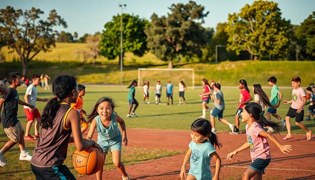 A vibrant community sports field, with diverse groups of children and teenagers engaged in a variety of activities. In the foreground, a mix of boys and girls enthusiastically playing basketball, their faces alight with joy and determination. In the middle ground, a coed group practicing soccer drills, their movements fluid and coordinated. In the background, a lush green landscape with trees and a clear blue sky, bathed in warm, golden-hour lighting. The scene radiates a sense of inclusivity, collaboration, and equal opportunity, capturing the essence of afterschool community sports equity. A vibrant community sports field, with diverse groups of children and teenagers engaged in a variety of activities. In the foreground, a mix of boys and girls enthusiastically playing basketball, their faces alight with joy and determination. In the middle ground, a coed group practicing soccer drills, their movements fluid and coordinated. In the background, a lush green landscape with trees and a clear blue sky, bathed in warm, golden-hour lighting. The scene radiates a sense of inclusivity, collaboration, and equal opportunity, capturing the essence of afterschool community sports equity.