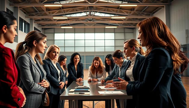 A vibrant scene of women in diverse sports leadership roles, captured in a dynamic, cinematic style. In the foreground, a group of confident, determined women in business attire engage in a lively discussion, their body language conveying a sense of empowerment and collaboration. In the middle ground, a diverse team of sports coaches and administrators strategize over a table, their faces illuminated by warm, directional lighting that casts subtle shadows, creating depth and a sense of purpose. In the background, a modern, airy sports facility with sleek, minimalist architecture serves as the setting, conveying a sense of progress and innovation in the field of sports leadership development. A vibrant scene of women in diverse sports leadership roles, captured in a dynamic, cinematic style. In the foreground, a group of confident, determined women in business attire engage in a lively discussion, their body language conveying a sense of empowerment and collaboration. In the middle ground, a diverse team of sports coaches and administrators strategize over a table, their faces illuminated by warm, directional lighting that casts subtle shadows, creating depth and a sense of purpose. In the background, a modern, airy sports facility with sleek, minimalist architecture serves as the setting, conveying a sense of progress and innovation in the field of sports leadership development.