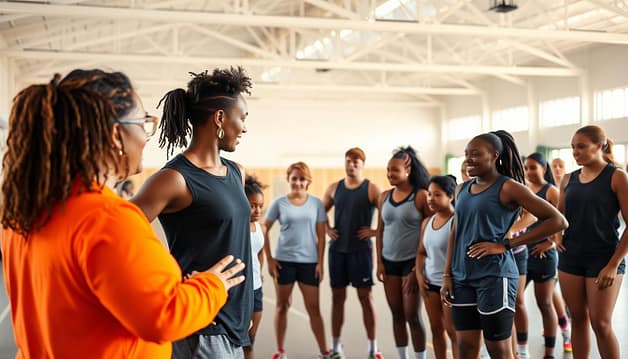 A diverse group of athletes and coaches gathered in a bright, inclusive sports facility. In the foreground, a coach with a supportive, encouraging demeanor demonstrates a training exercise to a mixed-gender team. The middle ground features athletes of various ages, races, and abilities engaged in collaborative drills, their expressions conveying a sense of camaraderie and mutual respect. The background showcases an open, airy space with ample natural lighting, inspiring positive energy and a welcoming atmosphere. The scene exudes an atmosphere of inclusivity, empowerment, and a shared passion for the sport. A diverse group of athletes and coaches gathered in a bright, inclusive sports facility. In the foreground, a coach with a supportive, encouraging demeanor demonstrates a training exercise to a mixed-gender team. The middle ground features athletes of various ages, races, and abilities engaged in collaborative drills, their expressions conveying a sense of camaraderie and mutual respect. The background showcases an open, airy space with ample natural lighting, inspiring positive energy and a welcoming atmosphere. The scene exudes an atmosphere of inclusivity, empowerment, and a shared passion for the sport.
