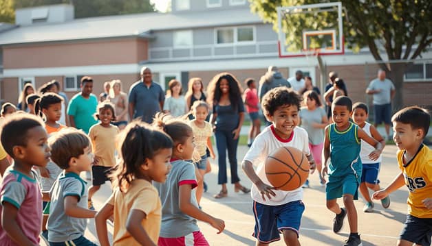 A diverse group of children and parents engaged in a vibrant afterschool sports program. In the foreground, a mix of children from different backgrounds - some in sports uniforms, others in casual attire - enthusiastically participate in a lively game of basketball on an outdoor court. In the middle ground, parents and guardians cheer from the sidelines, some assisting the younger players. The background features a community center or school building, with a warm, golden-hour lighting casting a welcoming glow over the scene. The overall atmosphere conveys a sense of inclusivity, community, and equal opportunity, where all children have access to the benefits of organized sports. A diverse group of children and parents engaged in a vibrant afterschool sports program. In the foreground, a mix of children from different backgrounds - some in sports uniforms, others in casual attire - enthusiastically participate in a lively game of basketball on an outdoor court. In the middle ground, parents and guardians cheer from the sidelines, some assisting the younger players. The background features a community center or school building, with a warm, golden-hour lighting casting a welcoming glow over the scene. The overall atmosphere conveys a sense of inclusivity, community, and equal opportunity, where all children have access to the benefits of organized sports.