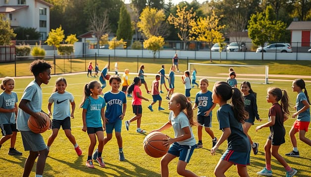 A diverse group of children and teens engaged in a variety of afterschool sports activities on a well-lit, vibrant community field. In the foreground, a group of young athletes from different backgrounds play basketball, their laughter and enthusiasm palpable. In the middle ground, others practice drills or play informal matches of soccer and volleyball. The background shows a modern, inclusive sports facility with ample green space and accessible equipment, conveying a sense of equal opportunity and community support. Warm, natural lighting creates a welcoming atmosphere, and the overall scene radiates a spirit of inclusivity, teamwork, and joyful physical activity. A diverse group of children and teens engaged in a variety of afterschool sports activities on a well-lit, vibrant community field. In the foreground, a group of young athletes from different backgrounds play basketball, their laughter and enthusiasm palpable. In the middle ground, others practice drills or play informal matches of soccer and volleyball. The background shows a modern, inclusive sports facility with ample green space and accessible equipment, conveying a sense of equal opportunity and community support. Warm, natural lighting creates a welcoming atmosphere, and the overall scene radiates a spirit of inclusivity, teamwork, and joyful physical activity.