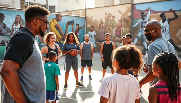 A diverse group of coaches and mentors enthusiastically guiding a team of young athletes in an urban sports court. Warm, natural lighting filters through a chain-link fence, casting a hopeful glow. In the foreground, coaches of varying ages and backgrounds demonstrate proper techniques, offering encouraging feedback. In the middle ground, the mentees, a mix of genders and ethnicities, intently listen and practice the drills. The background reveals a vibrant mural depicting scenes of community and empowerment, adding to the inclusive, empowering atmosphere. The overall scene conveys a sense of camaraderie, skill-building, and a nurturing environment that levels the playing field. A diverse group of coaches and mentors enthusiastically guiding a team of young athletes in an urban sports court. Warm, natural lighting filters through a chain-link fence, casting a hopeful glow. In the foreground, coaches of varying ages and backgrounds demonstrate proper techniques, offering encouraging feedback. In the middle ground, the mentees, a mix of genders and ethnicities, intently listen and practice the drills. The background reveals a vibrant mural depicting scenes of community and empowerment, adding to the inclusive, empowering atmosphere. The overall scene conveys a sense of camaraderie, skill-building, and a nurturing environment that levels the playing field.