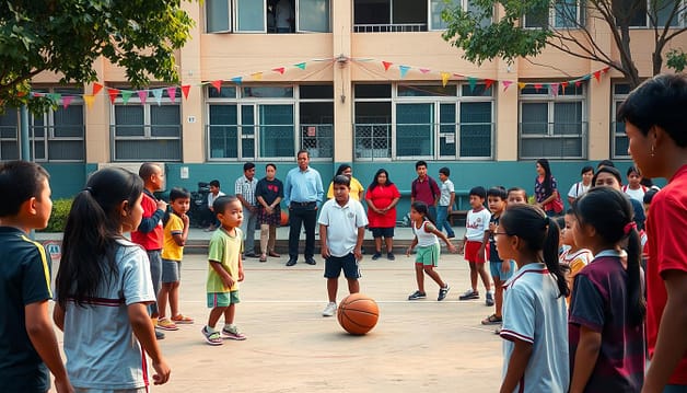 A vibrant schoolyard scene with a diverse group of students and coaches engaged in a collaborative sports activity. In the foreground, two teams face off in a friendly basketball game, their expressions filled with determination and camaraderie. In the middle ground, a group of interpreters stand ready to assist, facilitating communication between players, coaches, and spectators. The background depicts the school building, its windows adorned with colorful banners and streamers, signaling the community's enthusiasm for the event. Warm, diffused lighting casts a welcoming glow, and the overall atmosphere conveys a sense of unity, inclusivity, and the power of sports to bridge cultural divides. A vibrant schoolyard scene with a diverse group of students and coaches engaged in a collaborative sports activity. In the foreground, two teams face off in a friendly basketball game, their expressions filled with determination and camaraderie. In the middle ground, a group of interpreters stand ready to assist, facilitating communication between players, coaches, and spectators. The background depicts the school building, its windows adorned with colorful banners and streamers, signaling the community's enthusiasm for the event. Warm, diffused lighting casts a welcoming glow, and the overall atmosphere conveys a sense of unity, inclusivity, and the power of sports to bridge cultural divides.