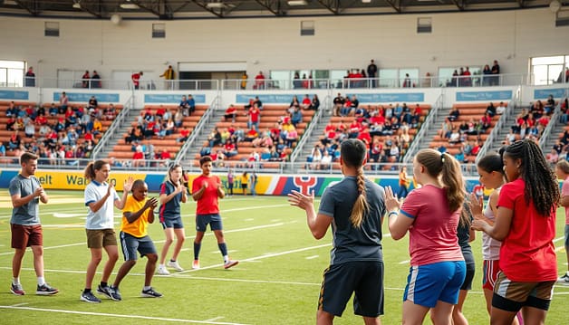 A vibrant sports field with diverse athletes engaged in various inclusive activities. In the foreground, a group of players of different ages, genders, and abilities collaborate on a team sport, communicating with sign language and inclusive language. In the middle ground, fans and spectators of all backgrounds cheer them on from the bleachers, creating a welcoming atmosphere. The background features an accessible stadium with ramps, tactile signage, and ample lighting, symbolizing a space designed for true inclusion and accessibility. The scene is bathed in warm, natural lighting, conveying a sense of community, unity, and joy. A vibrant sports field with diverse athletes engaged in various inclusive activities. In the foreground, a group of players of different ages, genders, and abilities collaborate on a team sport, communicating with sign language and inclusive language. In the middle ground, fans and spectators of all backgrounds cheer them on from the bleachers, creating a welcoming atmosphere. The background features an accessible stadium with ramps, tactile signage, and ample lighting, symbolizing a space designed for true inclusion and accessibility. The scene is bathed in warm, natural lighting, conveying a sense of community, unity, and joy.