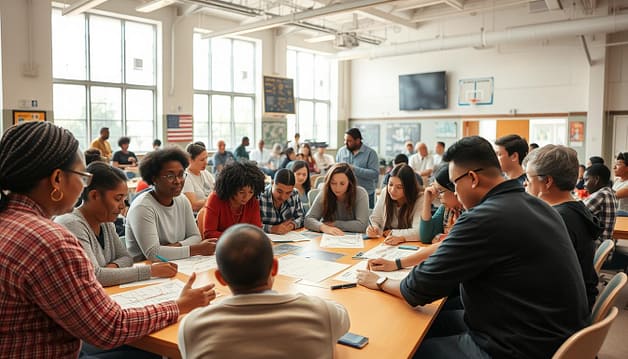 A lively community center hosts a sports equity design workshop. In the foreground, a diverse group of residents gather around a table, sketching ideas and sharing insights. Midground, architects and urban planners facilitate the discussion, guiding the participatory process. In the background, bright windows frame the scene, filling the space with natural light and a sense of openness. The mood is one of collaboration and empowerment, as the community reimagines their sports facilities to be more inclusive and accessible. A wide-angle lens captures the energy of the room, showcasing the collective effort to create equitable recreational spaces. A lively community center hosts a sports equity design workshop. In the foreground, a diverse group of residents gather around a table, sketching ideas and sharing insights. Midground, architects and urban planners facilitate the discussion, guiding the participatory process. In the background, bright windows frame the scene, filling the space with natural light and a sense of openness. The mood is one of collaboration and empowerment, as the community reimagines their sports facilities to be more inclusive and accessible. A wide-angle lens captures the energy of the room, showcasing the collective effort to create equitable recreational spaces.