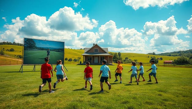 A rural schoolyard with a large grassy field. In the foreground, a group of students engaged in virtual sports training, their movements mirrored on a large projection screen. The coach, visible on the screen, provides real-time guidance and feedback. In the middle ground, a small wooden schoolhouse with a wraparound porch, surrounded by rolling hills and lush greenery. The sky is a brilliant blue, with fluffy white clouds providing a soft, natural lighting. The scene conveys a sense of community, technology-enabled learning, and the beauty of the rural landscape. A rural schoolyard with a large grassy field. In the foreground, a group of students engaged in virtual sports training, their movements mirrored on a large projection screen. The coach, visible on the screen, provides real-time guidance and feedback. In the middle ground, a small wooden schoolhouse with a wraparound porch, surrounded by rolling hills and lush greenery. The sky is a brilliant blue, with fluffy white clouds providing a soft, natural lighting. The scene conveys a sense of community, technology-enabled learning, and the beauty of the rural landscape.