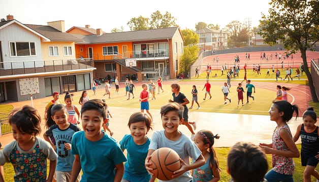 A vibrant community sports facility nestled in a diverse neighborhood. In the foreground, a group of children from various backgrounds enthusiastically engaged in a game of basketball, their laughter and energy filling the air. The middle ground showcases a modern, well-equipped gymnasium with state-of-the-art facilities, including a rock-climbing wall and a spacious workout area. The background features an outdoor track and field, where people of all ages and abilities jog, stretch, and participate in organized sports activities. The scene is bathed in warm, natural lighting, creating a welcoming and inclusive atmosphere that celebrates the diversity and accessibility of the community's shared recreational spaces. A vibrant community sports facility nestled in a diverse neighborhood. In the foreground, a group of children from various backgrounds enthusiastically engaged in a game of basketball, their laughter and energy filling the air. The middle ground showcases a modern, well-equipped gymnasium with state-of-the-art facilities, including a rock-climbing wall and a spacious workout area. The background features an outdoor track and field, where people of all ages and abilities jog, stretch, and participate in organized sports activities. The scene is bathed in warm, natural lighting, creating a welcoming and inclusive atmosphere that celebrates the diversity and accessibility of the community's shared recreational spaces.