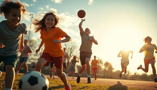 A group of young athletes engaged in various sports, their faces radiating joy and enthusiasm. In the foreground, a soccer player dribbling the ball, their movements fluid and graceful. In the middle ground, a basketball player executing a perfect jump shot, their form silhouetted against a bright, sun-dappled sky. In the background, a track runner sprinting with effortless speed, their limbs a blur of motion. The scene is bathed in warm, golden light, capturing the exhilaration and camaraderie of athletic participation. The overall mood is one of youthful energy, vitality, and the profound psychological benefits of sport. A group of young athletes engaged in various sports, their faces radiating joy and enthusiasm. In the foreground, a soccer player dribbling the ball, their movements fluid and graceful. In the middle ground, a basketball player executing a perfect jump shot, their form silhouetted against a bright, sun-dappled sky. In the background, a track runner sprinting with effortless speed, their limbs a blur of motion. The scene is bathed in warm, golden light, capturing the exhilaration and camaraderie of athletic participation. The overall mood is one of youthful energy, vitality, and the profound psychological benefits of sport.