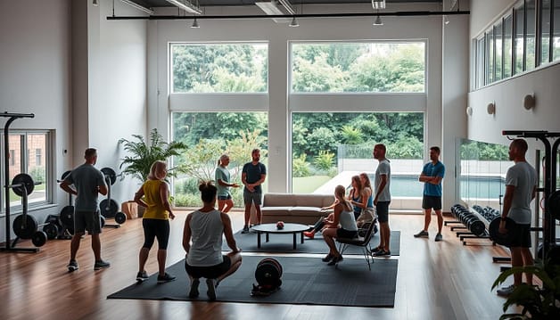 A serene, well-equipped sports facility, with natural light streaming through large windows. In the foreground, athletes engage in various activities - weightlifting, stretching, and mindfulness exercises - surrounded by supportive coaches and mental health professionals. The middle ground features a cozy lounge area with comfortable seating, where athletes can rest, reflect, and engage in group discussions. In the background, lush greenery and a calming water feature create a soothing, nature-inspired atmosphere. Soft, warm lighting sets the mood, conveying a sense of safety, understanding, and mental well-being. A serene, well-equipped sports facility, with natural light streaming through large windows. In the foreground, athletes engage in various activities - weightlifting, stretching, and mindfulness exercises - surrounded by supportive coaches and mental health professionals. The middle ground features a cozy lounge area with comfortable seating, where athletes can rest, reflect, and engage in group discussions. In the background, lush greenery and a calming water feature create a soothing, nature-inspired atmosphere. Soft, warm lighting sets the mood, conveying a sense of safety, understanding, and mental well-being.