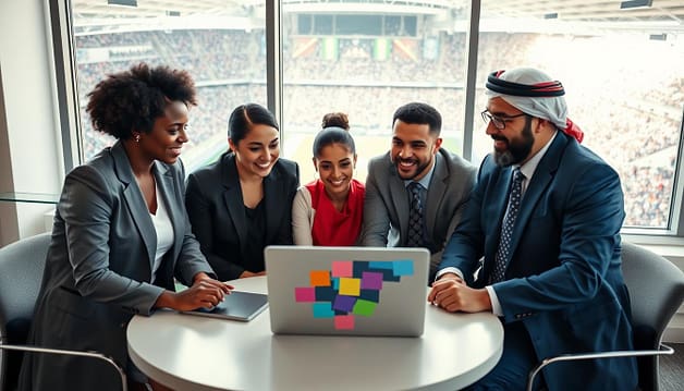 A collaborative scene depicting a diverse group of professional individuals engaged in a discussion about partnership strategies for fostering diversity in sports leadership. In the foreground, a mixed-gender team of five diverse professionals—two Black women, one Hispanic man, one Asian woman, and one Middle-Eastern man—are seated around a round table, reviewing a colorful presentation on a laptop. In the middle ground, a large window showcases a vibrant sports venue filled with fans, symbolizing community engagement. Soft, natural lighting illuminates the space, creating an uplifting atmosphere. The image is captured from a slightly elevated angle to provide a clear view of the team dynamic, conveying a sense of teamwork, collaboration, and strategic planning for diversity in leadership. A collaborative scene depicting a diverse group of professional individuals engaged in a discussion about partnership strategies for fostering diversity in sports leadership. In the foreground, a mixed-gender team of five diverse professionals—two Black women, one Hispanic man, one Asian woman, and one Middle-Eastern man—are seated around a round table, reviewing a colorful presentation on a laptop. In the middle ground, a large window showcases a vibrant sports venue filled with fans, symbolizing community engagement. Soft, natural lighting illuminates the space, creating an uplifting atmosphere. The image is captured from a slightly elevated angle to provide a clear view of the team dynamic, conveying a sense of teamwork, collaboration, and strategic planning for diversity in leadership.