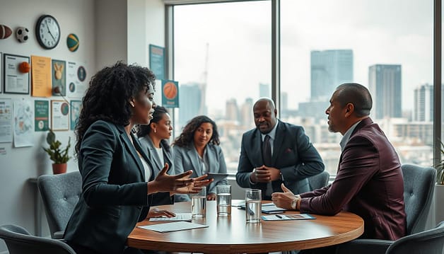 A dynamic scene depicting a diverse group of professionals engaged in a spirited discussion around a round table in a modern sports governance office. In the foreground, a Black woman in a sharp business suit passionately presents ideas, while a middle-aged White man thoughtfully listens, leaning forward. The middle layer showcases an assortment of sports memorabilia and charts on walls, illustrating the importance of human rights in governance. In the background, a large window reveals an urban skyline, underscoring the community's connection to sports. Soft, natural light filters in, creating an inviting atmosphere. The mood is one of collaboration and determination, reflecting the theme of overcoming resistance within the realm of sports governance. Use a slightly elevated angle to emphasize the collaborative spirit of the group. A dynamic scene depicting a diverse group of professionals engaged in a spirited discussion around a round table in a modern sports governance office. In the foreground, a Black woman in a sharp business suit passionately presents ideas, while a middle-aged White man thoughtfully listens, leaning forward. The middle layer showcases an assortment of sports memorabilia and charts on walls, illustrating the importance of human rights in governance. In the background, a large window reveals an urban skyline, underscoring the community's connection to sports. Soft, natural light filters in, creating an inviting atmosphere. The mood is one of collaboration and determination, reflecting the theme of overcoming resistance within the realm of sports governance. Use a slightly elevated angle to emphasize the collaborative spirit of the group.