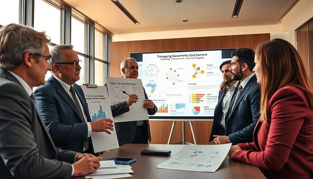 A dynamic training session focused on sports governance, illustrating barriers to effective leadership. In the foreground, a diverse group of five individuals in professional business attire are engaged in a discussion, expressing frustration and determination. One participant holds a whiteboard marker, pointing at a challenging graph that represents governance hurdles. In the middle ground, a large screen displays diagrams and charts showcasing tools for transparency. The background features a modern conference room with large windows allowing natural light to pour in, casting a warm glow on the scene. The atmosphere is intense yet hopeful, conveying a sense of collaboration and problem-solving. Use a wide-angle lens to capture the full scene, highlighting engagement and focus during the training session. A dynamic training session focused on sports governance, illustrating barriers to effective leadership. In the foreground, a diverse group of five individuals in professional business attire are engaged in a discussion, expressing frustration and determination. One participant holds a whiteboard marker, pointing at a challenging graph that represents governance hurdles. In the middle ground, a large screen displays diagrams and charts showcasing tools for transparency. The background features a modern conference room with large windows allowing natural light to pour in, casting a warm glow on the scene. The atmosphere is intense yet hopeful, conveying a sense of collaboration and problem-solving. Use a wide-angle lens to capture the full scene, highlighting engagement and focus during the training session.
