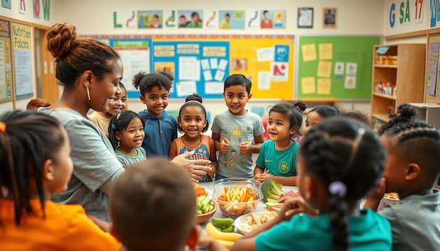 A group of diverse children engaged in a lively nutrition education session, set against a vibrant, welcoming classroom backdrop. The foreground features an enthusiastic instructor demonstrating healthy food choices using visual aids and hands-on activities, fostering an interactive and engaging learning environment. The middle ground showcases the children eagerly participating, their faces alight with curiosity and understanding. The background depicts a well-equipped classroom, with posters, charts, and educational materials that reinforce the session's themes of balanced nutrition and the importance of healthy eating habits for young athletes. The overall scene conveys a sense of discovery, inspiration, and a nurturing atmosphere that supports the holistic development of youth sports participants. A group of diverse children engaged in a lively nutrition education session, set against a vibrant, welcoming classroom backdrop. The foreground features an enthusiastic instructor demonstrating healthy food choices using visual aids and hands-on activities, fostering an interactive and engaging learning environment. The middle ground showcases the children eagerly participating, their faces alight with curiosity and understanding. The background depicts a well-equipped classroom, with posters, charts, and educational materials that reinforce the session's themes of balanced nutrition and the importance of healthy eating habits for young athletes. The overall scene conveys a sense of discovery, inspiration, and a nurturing atmosphere that supports the holistic development of youth sports participants.