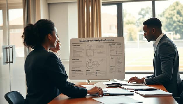 A thoughtful and professional scene depicting a responsible leadership reporting system in a community sports context. In the foreground, a diverse group of three individuals, dressed in professional business attire, are engaged in a collaborative discussion around a table filled with reports and documents. The middle of the image features a whiteboard with diagrams and flowcharts illustrating the reporting process and accountability measures. In the background, a large window reveals a sunny sports field, symbolizing community engagement. The lighting is warm and inviting, creating an atmosphere of trust and openness. The scene is shot with a shallow depth of field, drawing focus on the engaged individuals while softly blurring the background, enhancing the professional and responsible ambiance of the setting. A thoughtful and professional scene depicting a responsible leadership reporting system in a community sports context. In the foreground, a diverse group of three individuals, dressed in professional business attire, are engaged in a collaborative discussion around a table filled with reports and documents. The middle of the image features a whiteboard with diagrams and flowcharts illustrating the reporting process and accountability measures. In the background, a large window reveals a sunny sports field, symbolizing community engagement. The lighting is warm and inviting, creating an atmosphere of trust and openness. The scene is shot with a shallow depth of field, drawing focus on the engaged individuals while softly blurring the background, enhancing the professional and responsible ambiance of the setting.