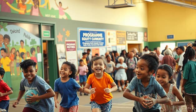 A vibrant community center, its facade adorned with murals celebrating diversity. In the foreground, children of all backgrounds engage in inclusive sports activities, their laughter and joy filling the air. The middle ground showcases various program signs and outreach materials, emphasizing equity and accessibility. In the background, a diverse gathering of community members, from elderly to youth, converge, fostering a sense of unity and belonging. Warm, diffused lighting casts a welcoming glow, while the composition captures the spirit of inclusivity and empowerment. A vibrant community center, its facade adorned with murals celebrating diversity. In the foreground, children of all backgrounds engage in inclusive sports activities, their laughter and joy filling the air. The middle ground showcases various program signs and outreach materials, emphasizing equity and accessibility. In the background, a diverse gathering of community members, from elderly to youth, converge, fostering a sense of unity and belonging. Warm, diffused lighting casts a welcoming glow, while the composition captures the spirit of inclusivity and empowerment.