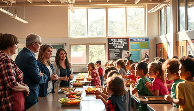 A vibrant school cafeteria scene illuminated by warm, natural lighting from large windows. In the foreground, a team of nutrition professionals converse with teachers and administrators, discussing menu options and collaboration strategies. In the middle ground, students enthusiastically line up to receive their meals, eagerly eyeing the nutritious and colorful selection. The background showcases informative displays and posters highlighting the school's commitment to healthy eating and athletic performance. The overall atmosphere exudes a sense of partnership, community, and a shared vision for fueling young athletes. A vibrant school cafeteria scene illuminated by warm, natural lighting from large windows. In the foreground, a team of nutrition professionals converse with teachers and administrators, discussing menu options and collaboration strategies. In the middle ground, students enthusiastically line up to receive their meals, eagerly eyeing the nutritious and colorful selection. The background showcases informative displays and posters highlighting the school's commitment to healthy eating and athletic performance. The overall atmosphere exudes a sense of partnership, community, and a shared vision for fueling young athletes.