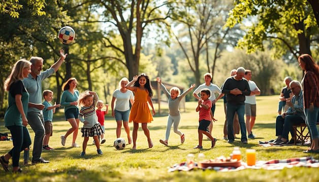 A warm, sun-dappled park scene. In the foreground, a diverse group of parents and children engaged in playful sports activities - tossing a ball, kicking a soccer ball, stretching together. Laughter and camaraderie fill the air. The middle ground shows parents cheering and encouraging their kids, fostering a spirit of community. In the soft-focus background, a picnic blanket and a group of adults conversing, strengthening bonds over shared snacks and drinks. The overall mood is one of connection, belonging, and shared joy in the simple pleasures of family and community. A warm, sun-dappled park scene. In the foreground, a diverse group of parents and children engaged in playful sports activities - tossing a ball, kicking a soccer ball, stretching together. Laughter and camaraderie fill the air. The middle ground shows parents cheering and encouraging their kids, fostering a spirit of community. In the soft-focus background, a picnic blanket and a group of adults conversing, strengthening bonds over shared snacks and drinks. The overall mood is one of connection, belonging, and shared joy in the simple pleasures of family and community.