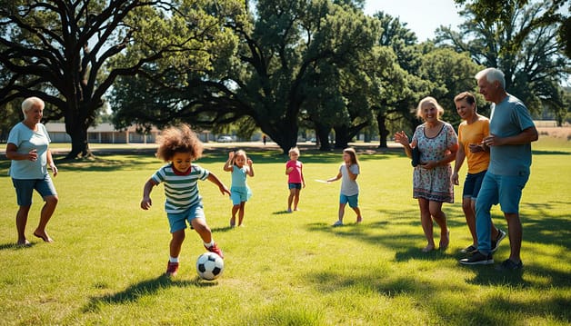 A warm, sun-lit field of lush grass, where a multigenerational family engages in a friendly game of soccer. In the foreground, a young child enthusiastically kicks the ball, while parents and grandparents cheer them on, their faces alight with joy and pride. In the middle ground, siblings toss a frisbee back and forth, their laughter carrying on the gentle breeze. In the background, a row of towering oak trees casts a comforting shadow, hinting at the long history of this local tradition. The scene is captured with a wide-angle lens, conveying a sense of togetherness and community, as the family celebrates their shared love of sports and the bonds that tie them together. A warm, sun-lit field of lush grass, where a multigenerational family engages in a friendly game of soccer. In the foreground, a young child enthusiastically kicks the ball, while parents and grandparents cheer them on, their faces alight with joy and pride. In the middle ground, siblings toss a frisbee back and forth, their laughter carrying on the gentle breeze. In the background, a row of towering oak trees casts a comforting shadow, hinting at the long history of this local tradition. The scene is captured with a wide-angle lens, conveying a sense of togetherness and community, as the family celebrates their shared love of sports and the bonds that tie them together.
