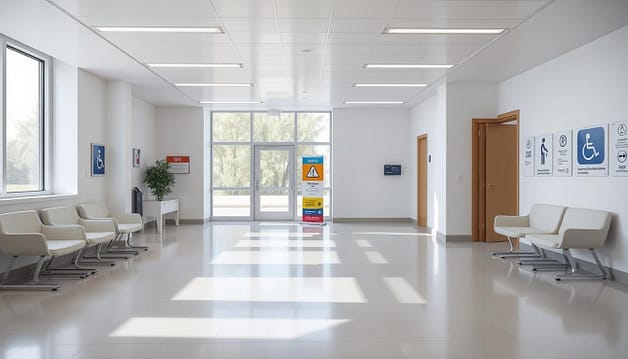 A well-lit, spacious room with clean, minimalist design showcasing safety principles. The foreground features ergonomic furniture and fixtures with rounded edges, strategic lighting, and clear walkways. The middle ground depicts signage and wayfinding elements with high-contrast colors and universal symbols for accessibility. In the background, large windows provide natural light and a connection to the outdoors, while architectural details like wide doorways and smooth surfaces prioritize universal design. The overall atmosphere evokes a sense of calm, order, and consideration for diverse user needs. A well-lit, spacious room with clean, minimalist design showcasing safety principles. The foreground features ergonomic furniture and fixtures with rounded edges, strategic lighting, and clear walkways. The middle ground depicts signage and wayfinding elements with high-contrast colors and universal symbols for accessibility. In the background, large windows provide natural light and a connection to the outdoors, while architectural details like wide doorways and smooth surfaces prioritize universal design. The overall atmosphere evokes a sense of calm, order, and consideration for diverse user needs.