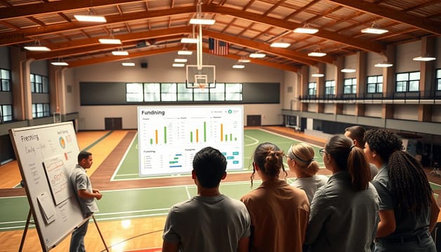 A well-lit sports facility with a focus on funding strategies. In the foreground, a diverse group of community members discussing budget plans and grant proposals on a whiteboard. In the middle ground, a central funding dashboard displaying various revenue streams and resource allocation. In the background, a panoramic view of the facility's infrastructure, including a modern gymnasium, outdoor playing fields, and state-of-the-art equipment. The lighting is warm and inviting, conveying a sense of collaboration and progress towards expanding access to inclusive community sports programs. A well-lit sports facility with a focus on funding strategies. In the foreground, a diverse group of community members discussing budget plans and grant proposals on a whiteboard. In the middle ground, a central funding dashboard displaying various revenue streams and resource allocation. In the background, a panoramic view of the facility's infrastructure, including a modern gymnasium, outdoor playing fields, and state-of-the-art equipment. The lighting is warm and inviting, conveying a sense of collaboration and progress towards expanding access to inclusive community sports programs.