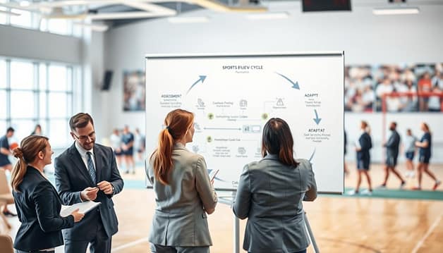 A detailed illustration of a "sports policy review cycle" concept, showcasing a circular flowchart featuring stages like assessment, feedback, adaptation, and implementation. In the foreground, professional individuals in business attire engage in discussion, reviewing documents and making notes. The middle ground depicts a large, digitally-rendered flowchart on a whiteboard, with arrows and icons symbolizing continuous improvement. The background illustrates a sports environment, with subtle hints of various sports activities in soft focus, conveying a collaborative atmosphere. The image is well-lit with natural light, creating a professional yet inviting mood. Use a wide-angle lens to capture the entire scene effectively, emphasizing the teamwork and commitment to safe and respectful community programs in sports. A detailed illustration of a "sports policy review cycle" concept, showcasing a circular flowchart featuring stages like assessment, feedback, adaptation, and implementation. In the foreground, professional individuals in business attire engage in discussion, reviewing documents and making notes. The middle ground depicts a large, digitally-rendered flowchart on a whiteboard, with arrows and icons symbolizing continuous improvement. The background illustrates a sports environment, with subtle hints of various sports activities in soft focus, conveying a collaborative atmosphere. The image is well-lit with natural light, creating a professional yet inviting mood. Use a wide-angle lens to capture the entire scene effectively, emphasizing the teamwork and commitment to safe and respectful community programs in sports.