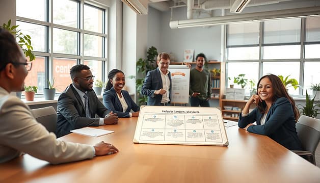 A diverse group of four professionals in business attire, seated around a conference table, discussing behavior standards in a bright, modern classroom setting. The foreground features a whiteboard with infographics illustrating codes of conduct. In the middle, a facilitator stands, pointing to a chart that highlights key principles of respectful conduct in sports. In the background, large windows let in natural light, creating an inviting atmosphere filled with indoor plants and educational materials. The mood is collaborative and focused, emphasizing education and teamwork. The scene captures a moment of engagement, with expressions of thoughtful discussion and enthusiasm. Use soft, bright lighting to enhance the optimistic tone and highlight the importance of community programs. A diverse group of four professionals in business attire, seated around a conference table, discussing behavior standards in a bright, modern classroom setting. The foreground features a whiteboard with infographics illustrating codes of conduct. In the middle, a facilitator stands, pointing to a chart that highlights key principles of respectful conduct in sports. In the background, large windows let in natural light, creating an inviting atmosphere filled with indoor plants and educational materials. The mood is collaborative and focused, emphasizing education and teamwork. The scene captures a moment of engagement, with expressions of thoughtful discussion and enthusiasm. Use soft, bright lighting to enhance the optimistic tone and highlight the importance of community programs.