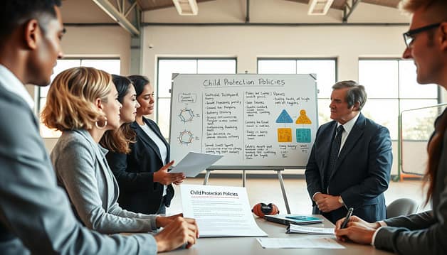 A diverse group of professionals engaged in a collaborative meeting to discuss child protection policies within the context of community sports. In the foreground, three individuals—two women and one man—are exchanging ideas, with one woman gesturing to a document labeled "Child Protection Policies." They are dressed in smart business attire, conveying professionalism. In the middle ground, a large whiteboard displays key points on safeguarding and cooperation with authorities, illustrated with colorful diagrams. The background features a bright, welcoming community sports facility, with large windows letting in natural light to create a warm atmosphere. Soft focus on the edges to emphasize the collaborative spirit in the center. The mood is serious yet hopeful, reflecting the commitment to protecting all participants. A diverse group of professionals engaged in a collaborative meeting to discuss child protection policies within the context of community sports. In the foreground, three individuals—two women and one man—are exchanging ideas, with one woman gesturing to a document labeled "Child Protection Policies." They are dressed in smart business attire, conveying professionalism. In the middle ground, a large whiteboard displays key points on safeguarding and cooperation with authorities, illustrated with colorful diagrams. The background features a bright, welcoming community sports facility, with large windows letting in natural light to create a warm atmosphere. Soft focus on the edges to emphasize the collaborative spirit in the center. The mood is serious yet hopeful, reflecting the commitment to protecting all participants.